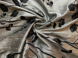 Silver with Embroidered Black Floral - Silk Dupioni Fabric