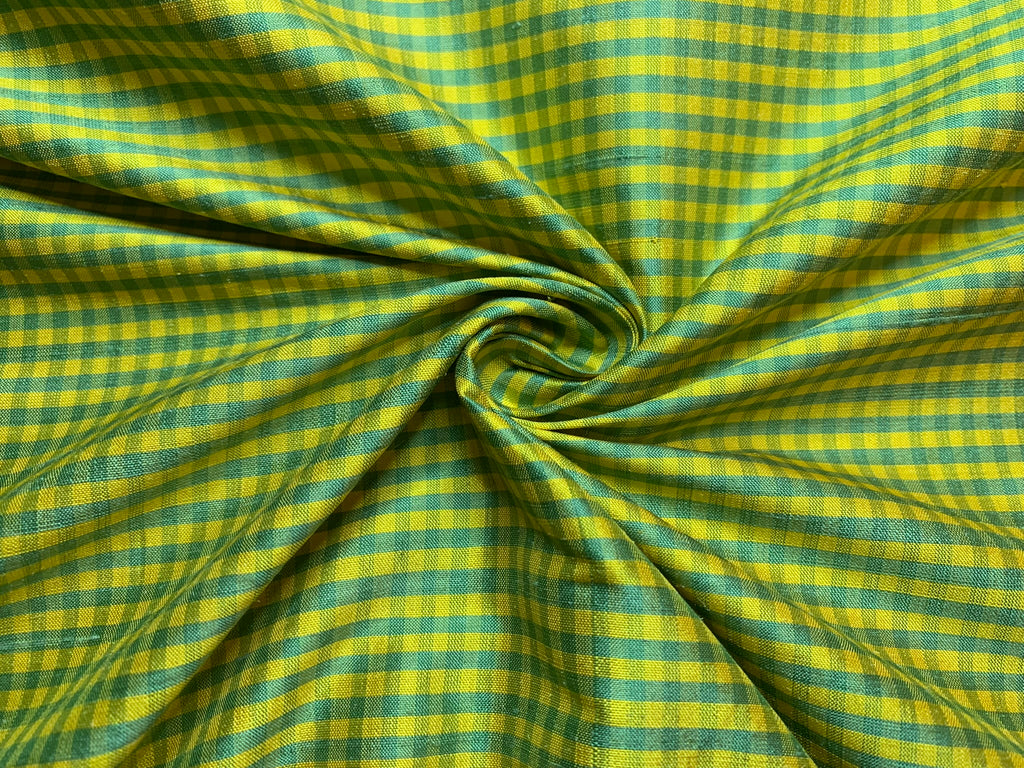 Yellow & Lime Green Checkered Gingham - Silk Dupioni Fabric
