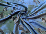 Deep Peacock Blue with Embroidered Black Floral - Silk Dupioni Fabric