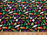 Vegetables on Black - Small Japanese World - Cosmo Japan Cotton Sheeting Fabric