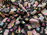 Pink on Black Retro Pop - Kokka Japan Cotton Oxford Fabric