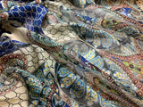 Blue & Brown Paisley - Silk Chiffon Fabric