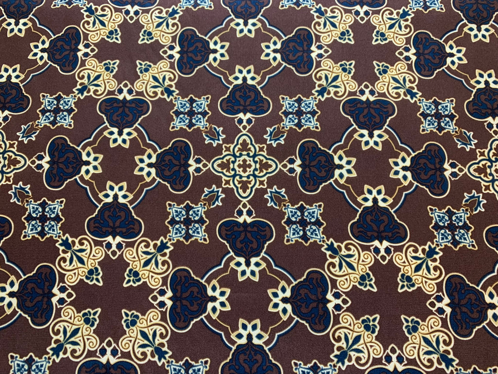 Chocolate & Navy Moroccan Tile Print - 16mm Silk Crepe de Chine Fabric