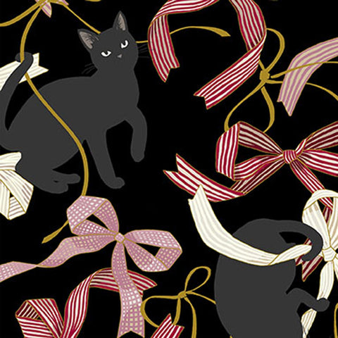 Japan Neko Metallic Cats & Ribbon Bows on Black - Quilt Gate Cotton Sheeting Fabric 35"x45" Remnant