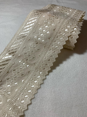 Vintage 5.25" Wide Cotton Trim - Ivory Embroidered Diamonds