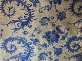White with Blue Feather Floral - Silk Brocade Fabric