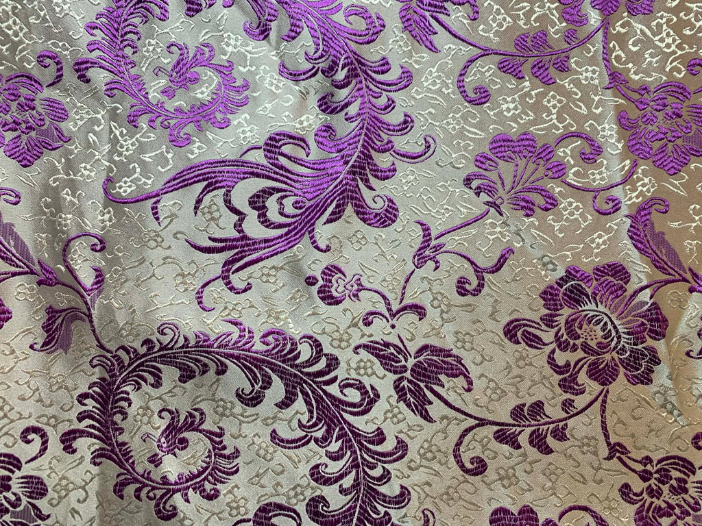 White with Purple Feather Floral - Silk Brocade Fabric