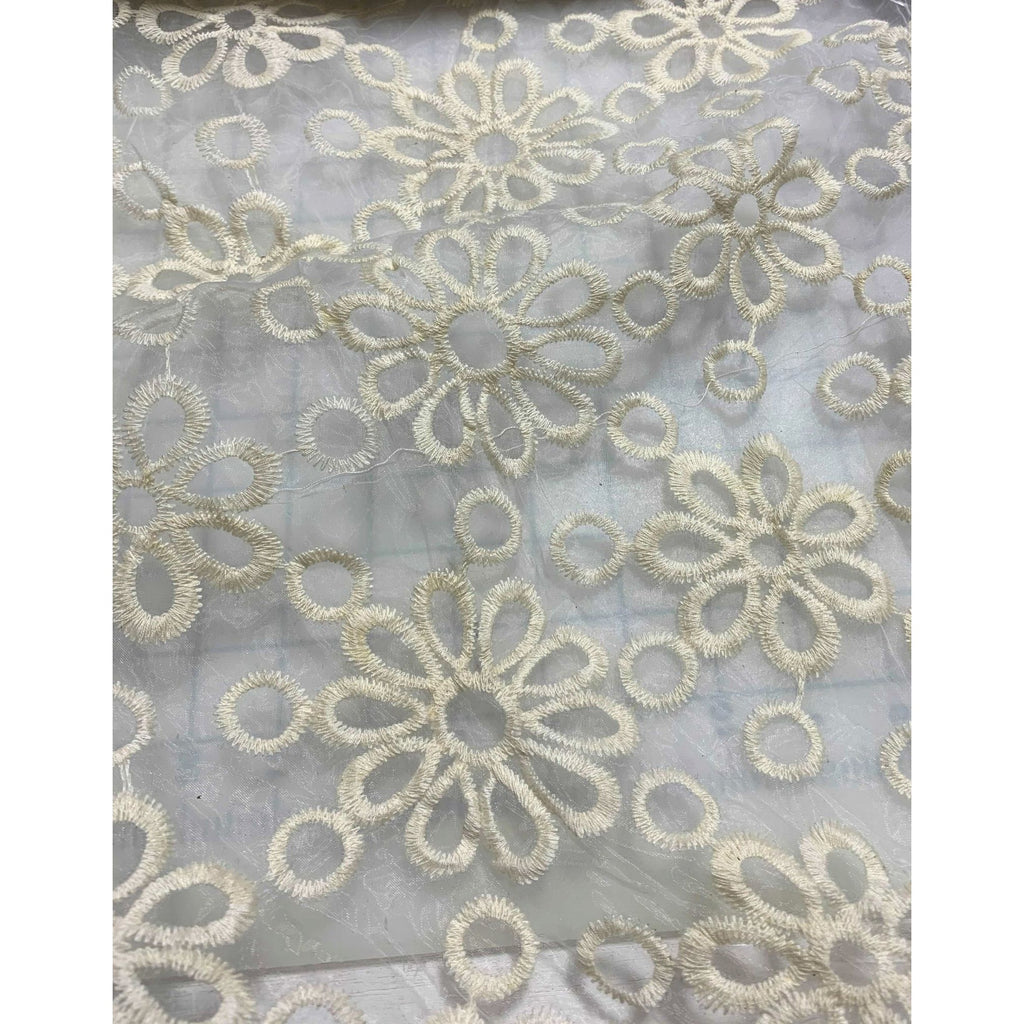 Ivory Floral Dots Embroidered Organza Fabric - 19"x62" Remnant