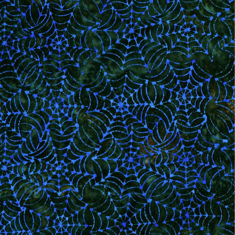 Blue Cobwebs on Green - Ocean Tale - Batik by Mirah Cotton Fabric 31"x45" Remnant
