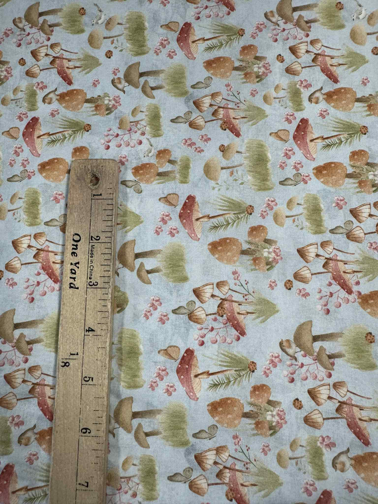 Mushrooms Field Light Blue - Garden Toss Nature's Nursery - Paintbrush Studio Cotton Fabric