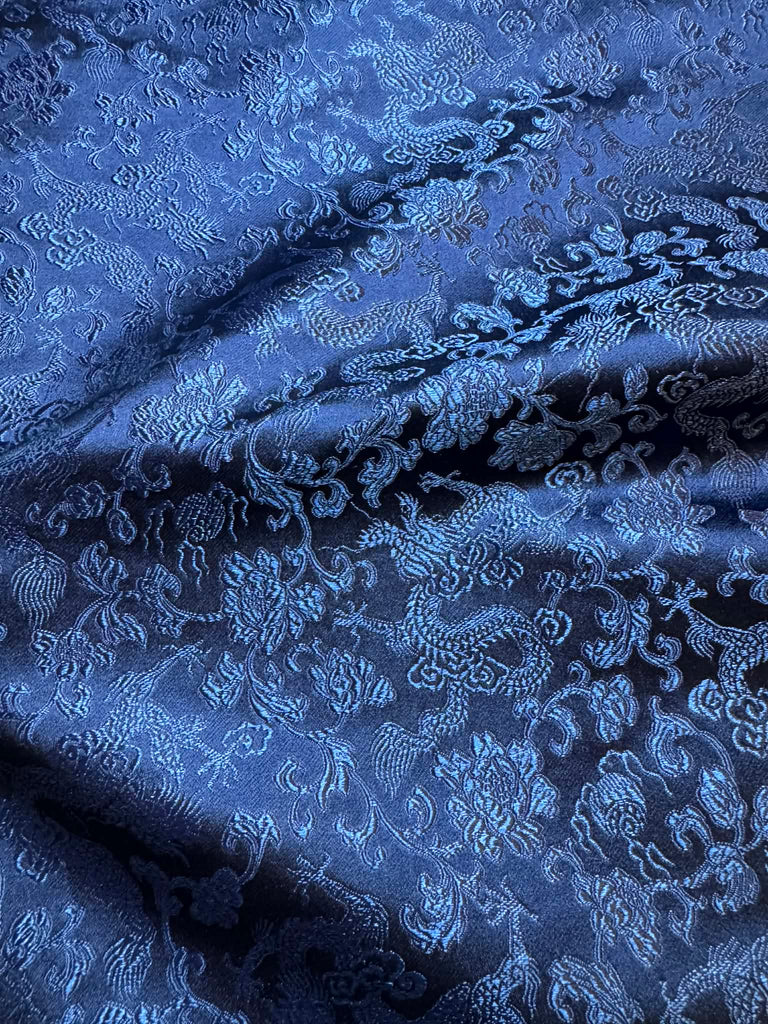 Navy Blue Dragons - Silk Brocade Fabric