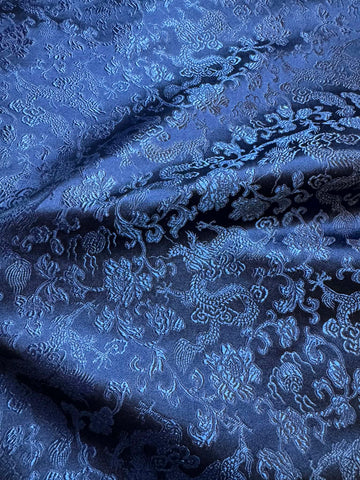 Navy Blue Dragons - Silk Brocade Fabric