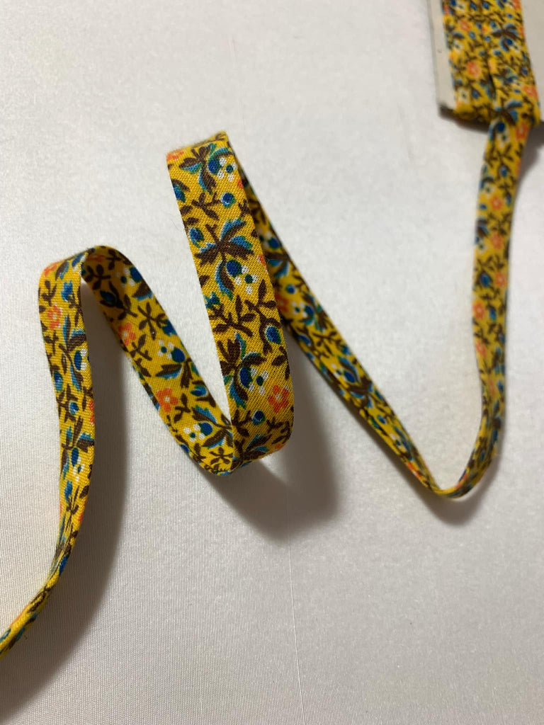 Vintage Yellow with Blue Flowers Bias Tape Double Fold Trim Extra Wide 3 Yards