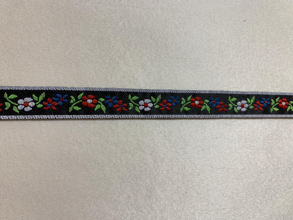 Vintage Red & Blue Flowers on Black - Jacquard Ribbon 9/16" wide -2 Yards-