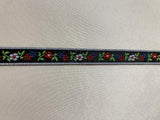 Vintage Red & Blue Flowers on Black - Jacquard Ribbon 9/16" wide -2 Yards-