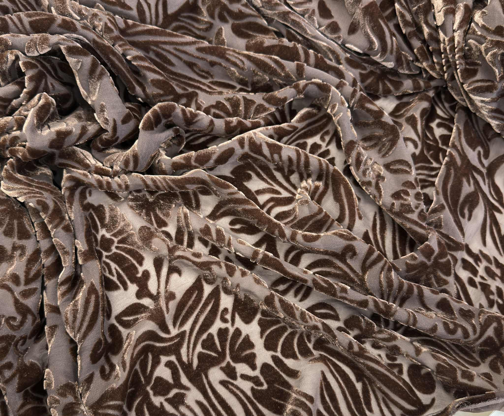 Chocolate Brown Floral - Hand Dyed Burnout Silk Velvet