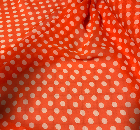 Coral & White Polka Dots - Polyester Chiffon Fabric 23"x58" Remnant