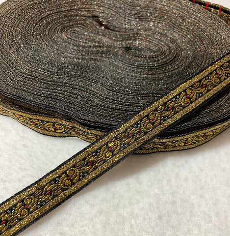 Vintage Black & Gold Metallic Jacquard Ribbon 1/2" wide