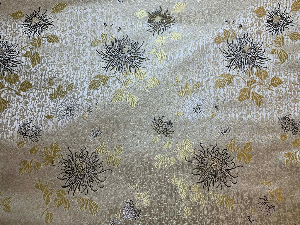 White & Gold Mums Floral - Silk Brocade Fabric