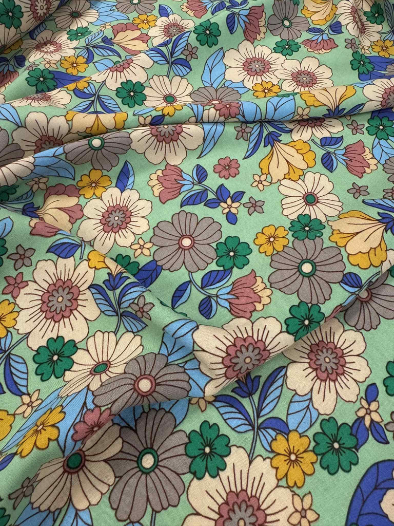 Retro Hippie Floral on Mint Green - 100% Rayon Challis Fabric