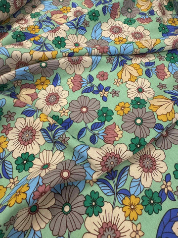 Retro Hippie Floral on Mint Green - 100% Rayon Challis Fabric