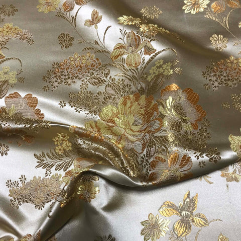 Gold Peony Floral - Faux Silk Brocade Fabric