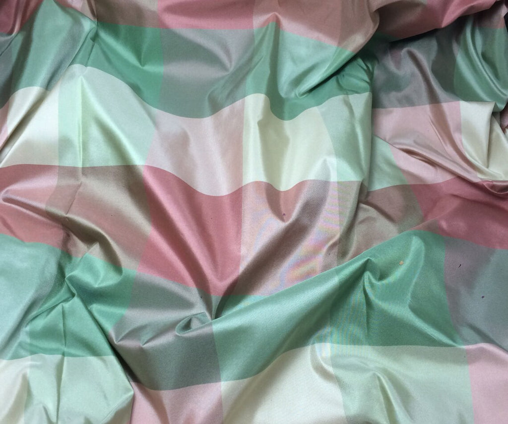 Pink & Green Check Silk Taffeta Fabric 19"x27" Remnant