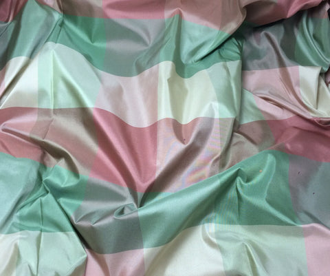 Pink & Green Check Silk Taffeta Fabric 17.5"x23.5" Remnant