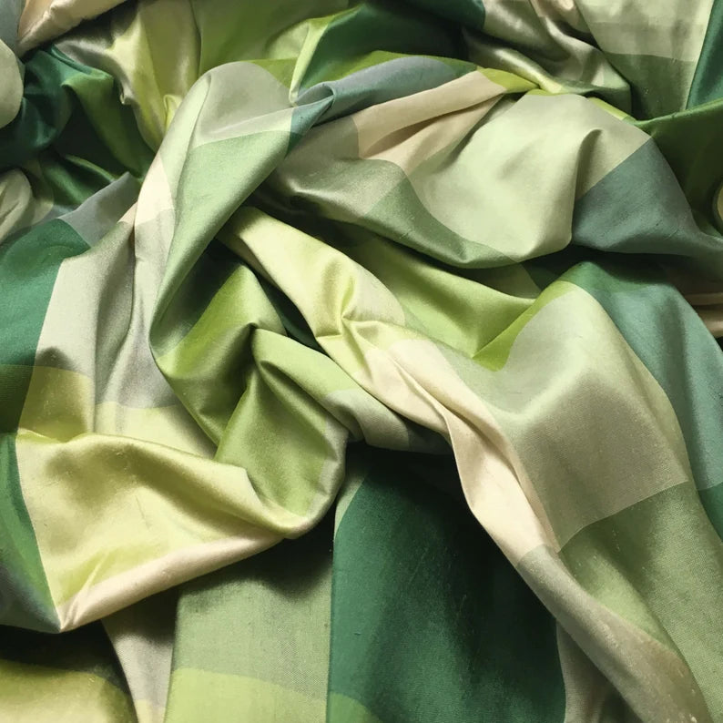 Green Check - Silk Dupioni Fabric 6"x14" Remnant