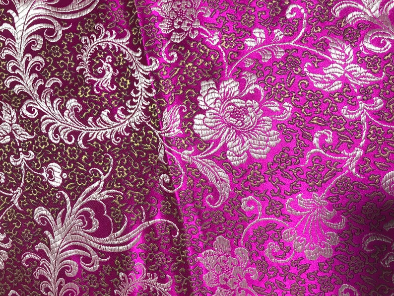 Magenta & Gold Feather Floral - Faux Silk Brocade Fabric 17.5"x23.5" Remnant