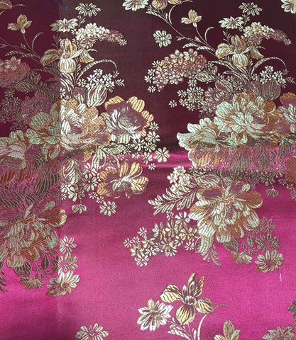 Burgundy & Gold Peony Floral - Faux Silk Brocade Fabric 19"x2." Remnant