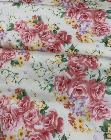 Vintage 90's Ivory w/ Pink Roses Floral Sateen Cotton Fabric Karen Jarrar