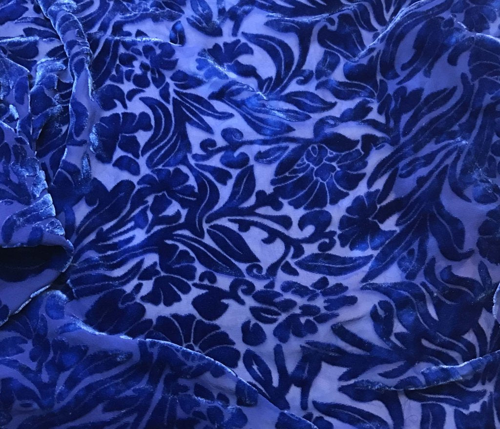 Sapphire Blue Floral - Hand Dyed Burnout Silk Velvet - 3.5"x52" Remnant