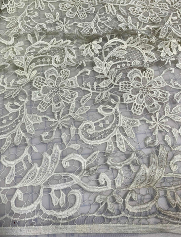 Ivory Paisley Floral - Schiffli Lace Fabric - 16"x44" Remnant