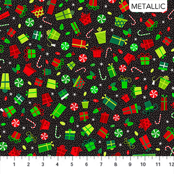 Packages on Black - Christmas Magic by Patrick Lose for Northcott Cotton Fabric