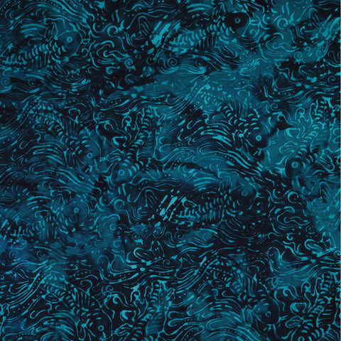 Turquoise/Dark Blue Fish & Waves - Blue Chase - Batik by Mirah Cotton Fabric