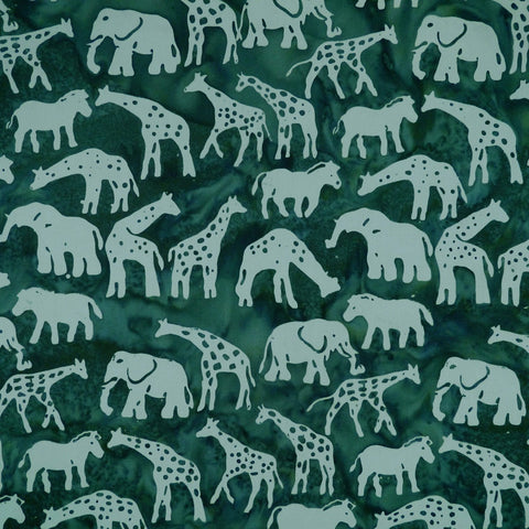 African Animals Creme de Menthe Green - Silver Moon - Batik by Mirah Cotton Fabric