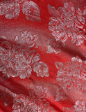 Bright Red & Silver Roses - Faux Silk Brocade Jacquard Fabric