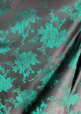 Black & Emerald Green Roses - Faux Silk Brocade Jacquard Fabric