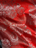 Bright Red & Silver Roses - Faux Silk Brocade Jacquard Fabric