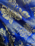 Royal Blue & Gold Roses - Faux Silk Brocade Jacquard Fabric