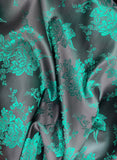 Black & Emerald Green Roses - Faux Silk Brocade Jacquard Fabric