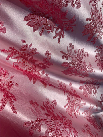 Pink & White Floral - Faux Silk Brocade Jacquard Fabric
