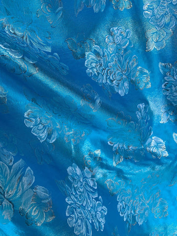 Turquoise & Silver Roses - Faux Silk Brocade Jacquard Fabric