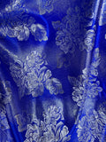 Royal Blue & Silver Roses - Faux Silk Brocade Jacquard Fabric