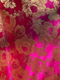 Hot Pink & Gold Floral - Faux Silk Brocade Jacquard Fabric