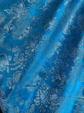 Turquoise & Silver Floral - Faux Silk Brocade Jacquard Fabric