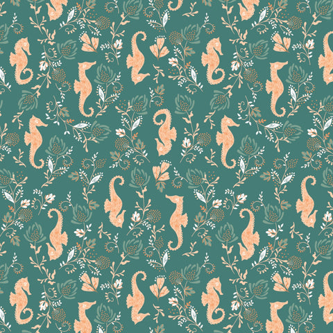 Beachside Pretty Seahorse Dark Green - Camelot Cotton Fabric