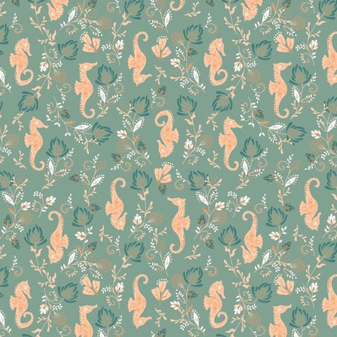 Beachside Pretty Seahorse Sage Green - Camelot Cotton Fabric