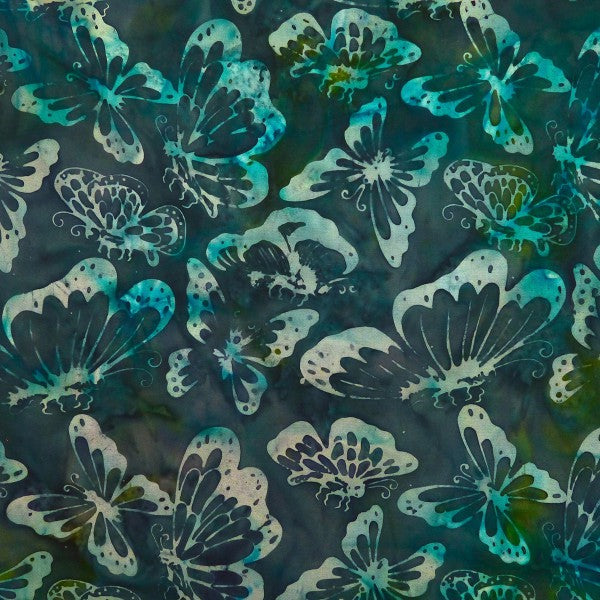 Bleached Aqua Butterflies - Sagebrush - Batik by Mirah Cotton Fabric